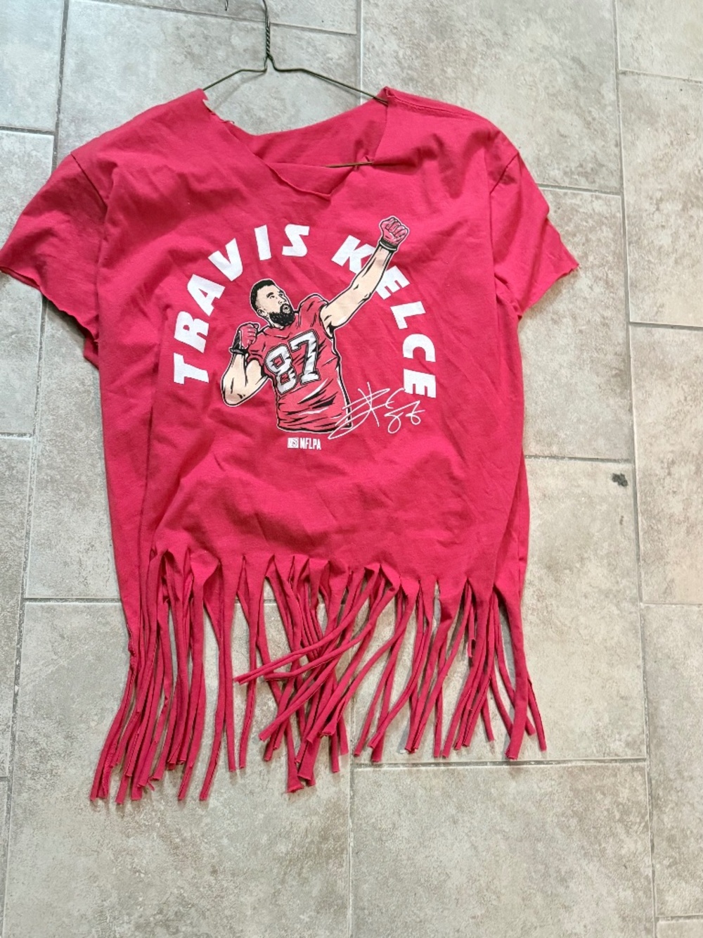 women's red Travis Kelce fringe crop top 500 level Kansas City Arrow Pose